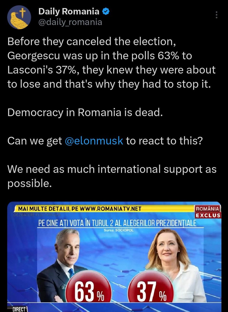 <a href="/DonaldJTrumpJr/">Donald Trump Jr.</a> Thank you for bringing attention to this crime which is being committed against Georgescu and the Romanian people, Donald! 🇷🇴🇺🇸