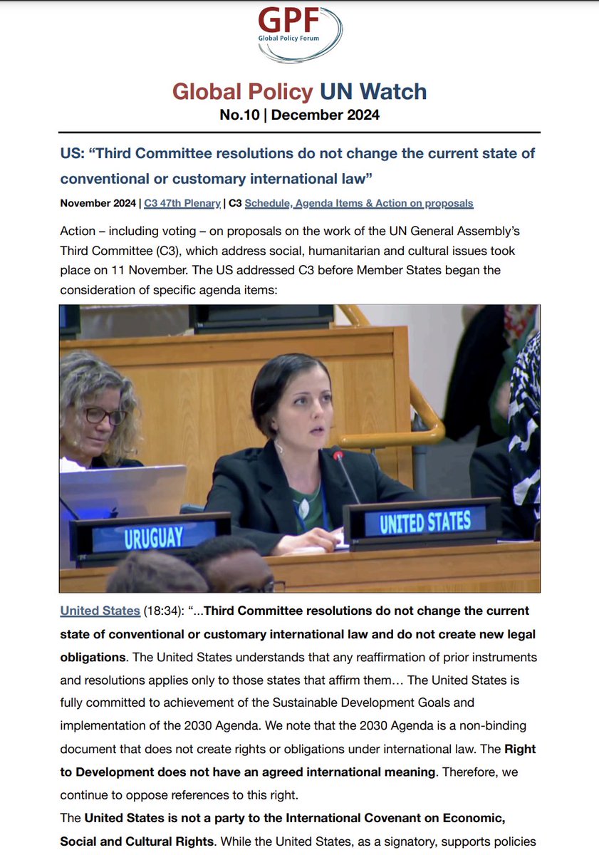 📢🆕Global Policy UN Watch No.10

This edition covers #UNGA79 Committees 2 &amp; 3: #US eschews #C3 commitments &amp; obligations; discussions on #HumanRights &amp; #Debt - #HumanRightsEconomy; Member States' #SustainableDevelopment priorities on the road to #FFD4

➡️globalpolicywatch.org/blog/2024/12/0…