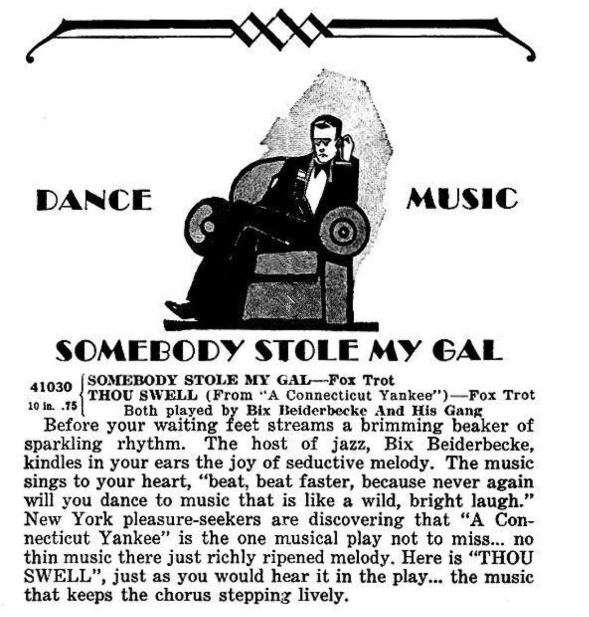 BixJazzSociety's tweet photo. Promotional printing for “Somebody Stole My Gal” and “Thou Swell” 💃🏻🎶🎺 Recorded in 1928 by Bix Beiderbecke And His Gang #jazzmusic #1920s #bixbeiderbecke #jazzage #retroadvertisement https://t.co/VcbUT1JwE3