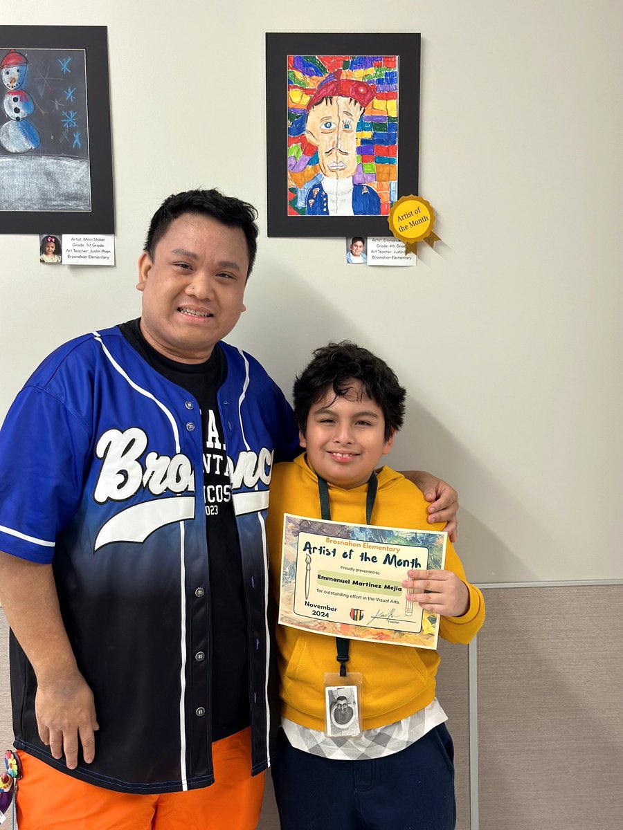 JustinPhanCFISD's tweet photo. Congratulations to @BrosnahanES two artists of the month! Maci and Emmanuel, they have shown a great passion for art and continue to shine! They help others in art and clean the art studio after class! Help me congratulate both Broncos on this achievement! 🙌🙌🩵 https://t.co/NJ1QDihGYb