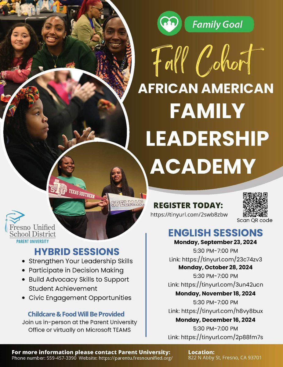 The African American Family Leadership Academy Fall Cohort is here! Join us for hybrid sessions, with both in-person and virtual options available.

Register today:  tinyurl.com/2swb8zbw
#A4FUSD
#FUSD