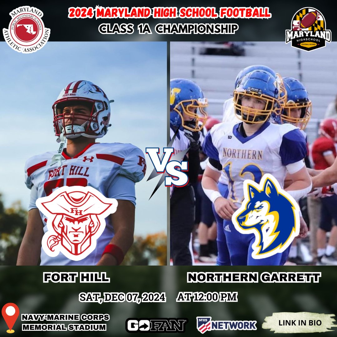 MARYLAND HIGH SCHOOL FOOTBALL (@mpssaafootball) on Twitter photo 📢2024 Maryland High School Football‼️
🏈Varsity football 2024
<a href="/FH_Football/">Fort Hill Sentinels</a> 🆚 Northern Garrett
📅 Sat, Dec 07, 2024
⏰ at 12:00 PM
🎟️ TICKETS BY GOFAN
📲📺 mpssaalive.insidethegames.live
📍Navy-Marine Corps Memorial Stadium
<a href="/Coachknip/">Chad Knippenberg</a> 📢2024 Maryland High School Football‼️
🏈Varsity football 2024
<a href="/FH_Football/">Fort Hill Sentinels</a> 🆚 Northern Garrett
📅 Sat, Dec 07, 2024
⏰ at 12:00 PM
🎟️ TICKETS BY GOFAN
📲📺 mpssaalive.insidethegames.live
📍Navy-Marine Corps Memorial Stadium
<a href="/Coachknip/">Chad Knippenberg</a>