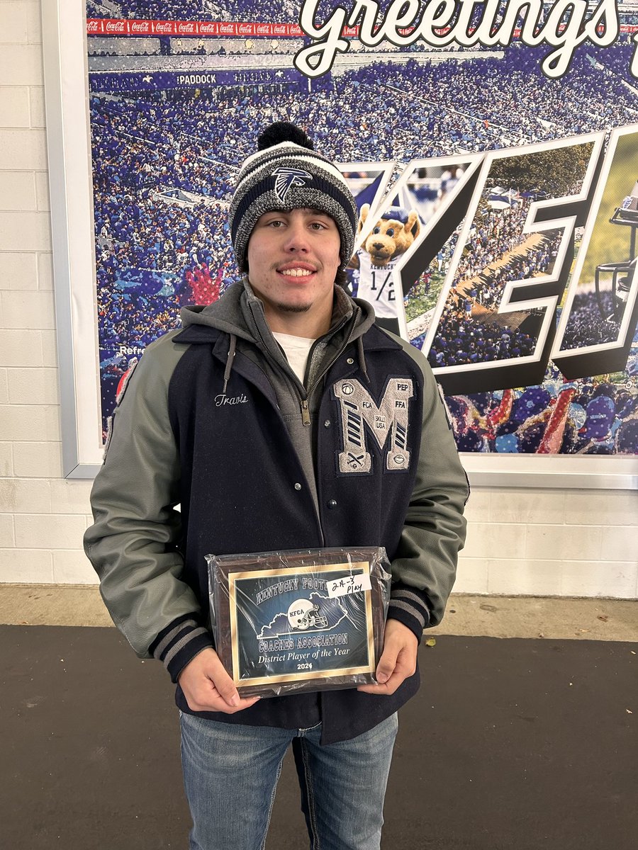 MCFalconSports's tweet photo. Congrats to Coach John Petett and Travis Wood! Coach Petett received his Coach of the year and 100th win award and Travis received his player of the year award at today’s state championship games held at UKs Kroger Field! https://t.co/FIzTnvsEHu