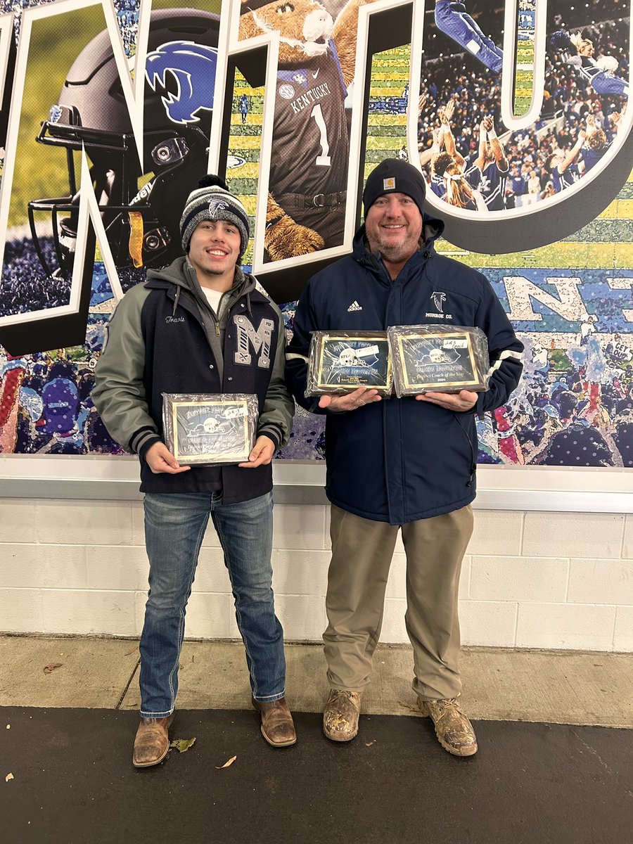 MCFalconSports's tweet photo. Congrats to Coach John Petett and Travis Wood! Coach Petett received his Coach of the year and 100th win award and Travis received his player of the year award at today’s state championship games held at UKs Kroger Field! https://t.co/FIzTnvsEHu