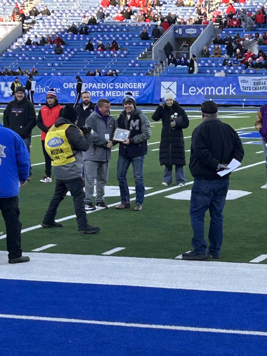 MCFalconSports's tweet photo. Congrats to Coach John Petett and Travis Wood! Coach Petett received his Coach of the year and 100th win award and Travis received his player of the year award at today’s state championship games held at UKs Kroger Field! https://t.co/FIzTnvsEHu