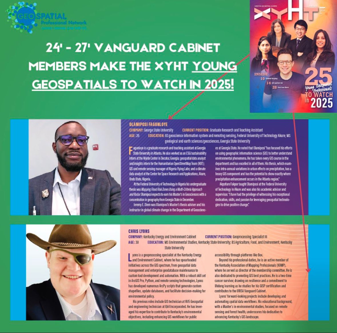 GPN VC (URISA) (@urisavc) on Twitter photo Congrats to new VC members Chris Lyons & Olamiposi Fagunloye for making xyHt’s “25 Young Geospatial Professionals to Watch in 2025”!
Congratulations to all the 2025 honorees! Full list: tinyurl.com/y89zfn84
#XYHtTop25 #VanguardCabinet #GIS <a href="/URISA/">Geospatial Professional Network</a> #FutureofGIS Congrats to new VC members Chris Lyons & Olamiposi Fagunloye for making xyHt’s “25 Young Geospatial Professionals to Watch in 2025”!
Congratulations to all the 2025 honorees! Full list: tinyurl.com/y89zfn84
#XYHtTop25 #VanguardCabinet #GIS <a href="/URISA/">Geospatial Professional Network</a> #FutureofGIS