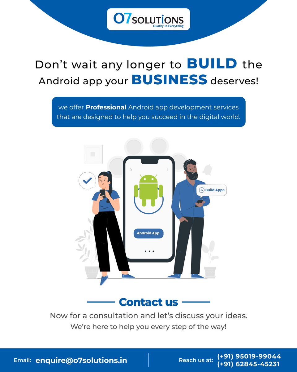 o7_solutions's tweet image. O7 Solutions provides professional Android app development services, covering conceptualization to maintenance, ensuring success in the digital world for businesses.

#AndroidAppDevelopment #AppDevelopment #MobileAppDevelopment #AppDesign #AndroidDevelopers #O7Solutions