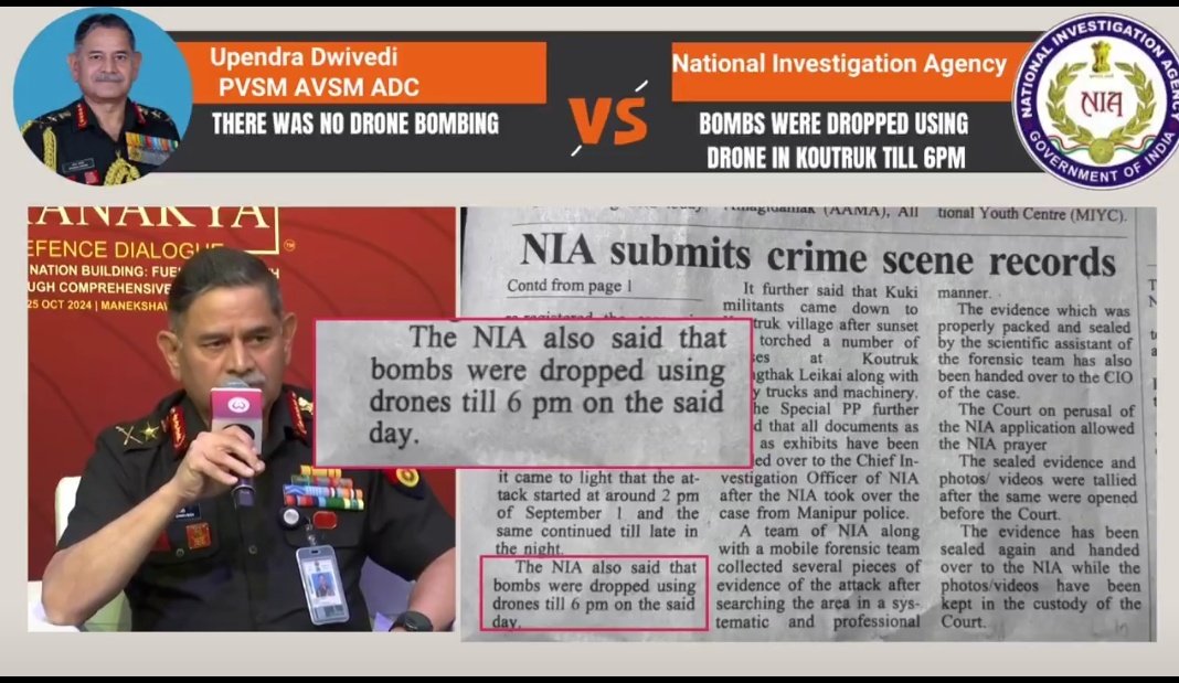 LThang28110's tweet photo. #After the @NIA_India exposed the drone bombing at #Koutruk &amp; #Kadangband on 1st Sep 2024 by #KukiTerrorists. Now, the #BigQuestion is why @LtGenPCN &amp; #ChiefOfArmyIndia #UpendraDwivedi openly denied in a TV News Interview? Is @adgpi playing  a big role in the #Manipur crisis ? https://t.co/4VqSXumnAJ