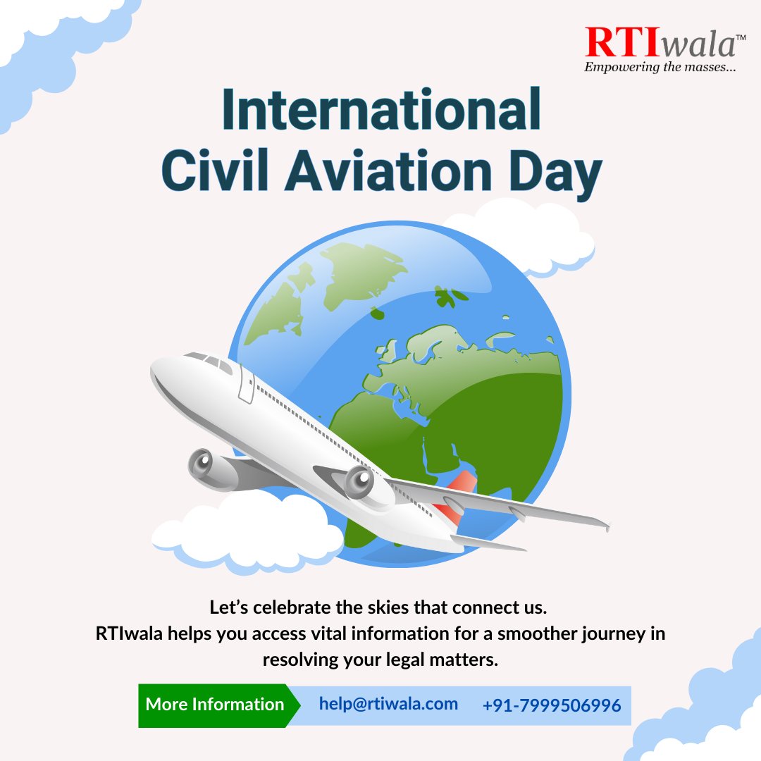 RTIwala's tweet photo. On International Civil Aviation Day, let’s celebrate the skies that connect us. 

File your Online RTI through RTIwala today!

Just call +917999-506-996 for help.

#RTIwala #RTI #Legaltech #OnlineRTI #AskRTIwala #InternationalCivilAviationDay #FlyTheWorld #ArmedForcesFlagDay https://t.co/ftPRct5hOO