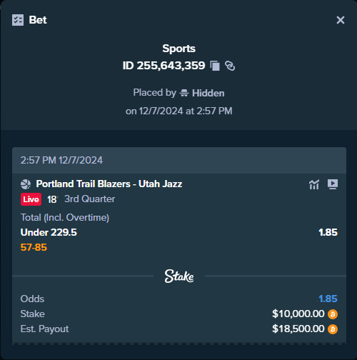 stakehighroller's tweet photo. ALERT: New high roller bet posted!
A bet has been placed for $10,000.00 on Portland Trail Blazers - Utah Jazz to win $18,500.00.
To view this bet or copy it https://t.co/vTZIj6VQvU https://t.co/ZYmqUMWJTy