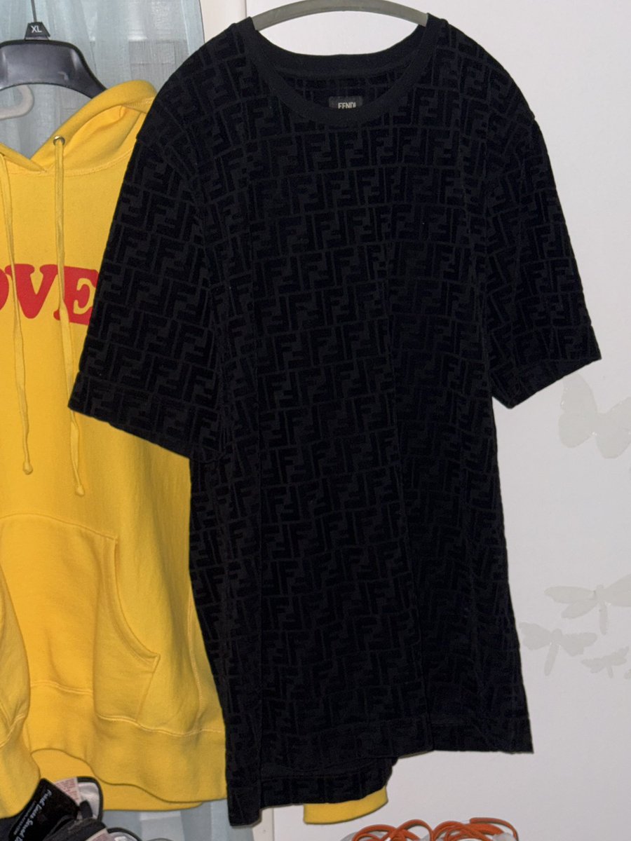 Fendi XL monogram logo crushed velvet short sleeve tee gently preowned. Matching joggers also for sale. Do research then offer please bc the joggers are $1100+ &amp; tee is $600+ new so I think $200 ship for tee. Joggers I need $500 not a penny less or I’ll keep em.