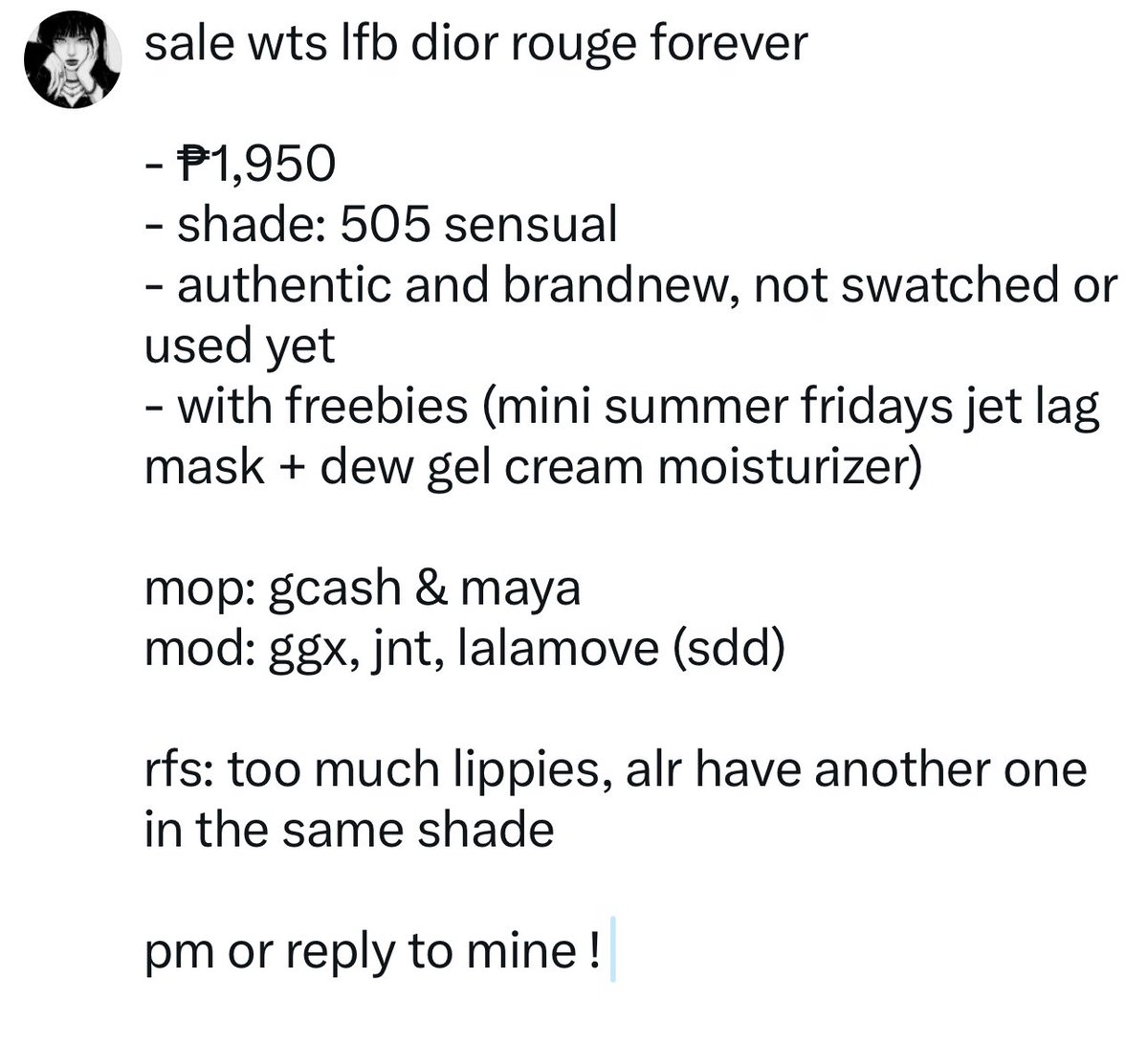 raiceipts's tweet photo. sale wts lfb dior rouge forever 

- ₱1,899
- shade: 505 sensual
- authentic and brandnew, not swatched or used yet
- with freebies (mini summer fridays jet lag mask + dew gel cream moisturizer)

pm or reply to mine ! https://t.co/OdV15p76dn