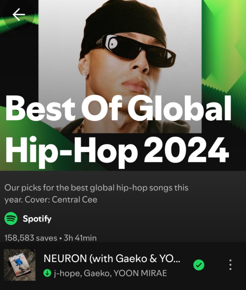 Pk_bts_land's tweet photo. "Neuron(with Gaeko,Yoon Mirae)" by J-hope has been added in the playlist 'Best of global Hip-Hop 2024'!!! 

CONGRATULATIONS J-HOPE
NEURON BEST GLOBAL HIP-HOP 2024 https://t.co/Ibb5HM6dcu