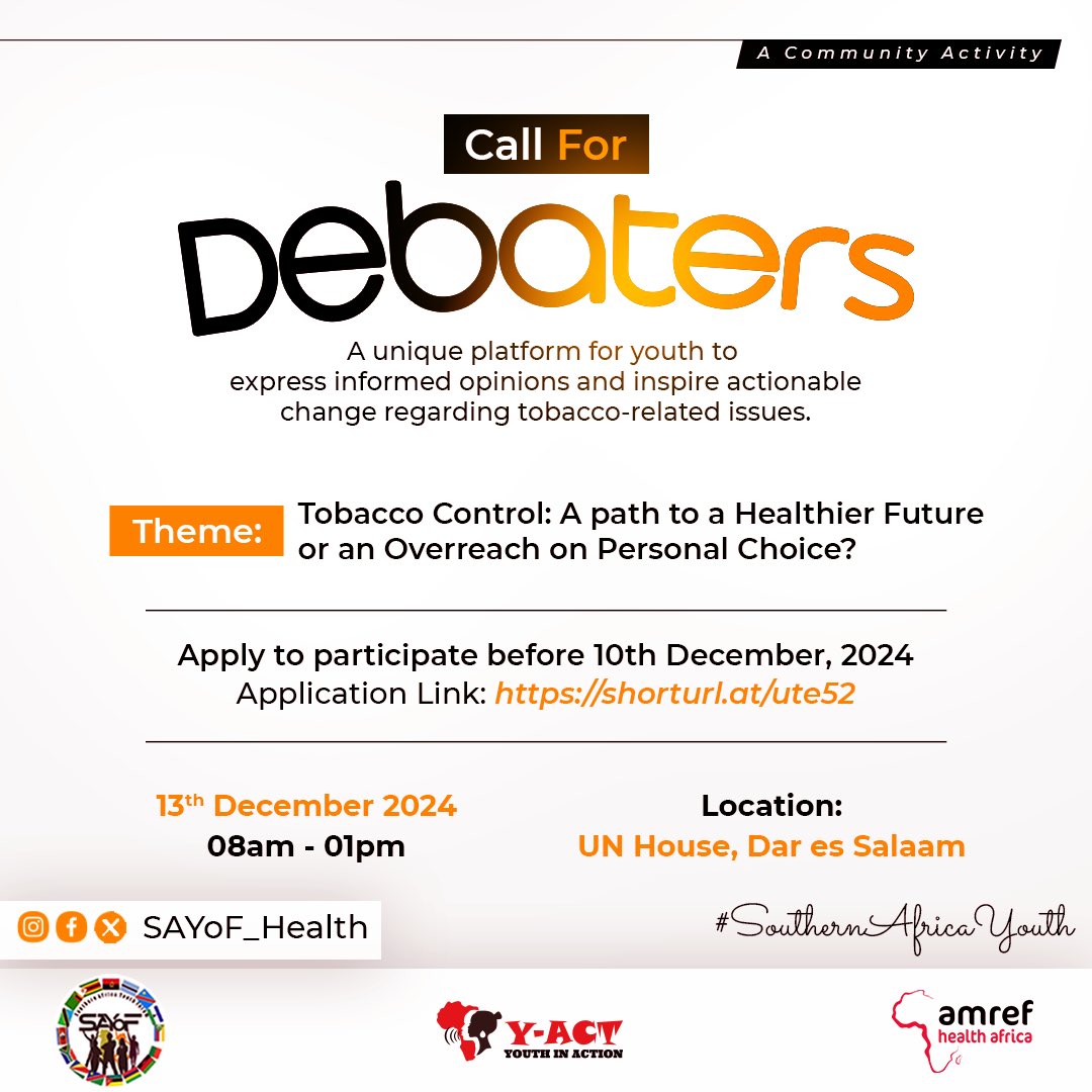 SAYoF_Health's tweet photo. Are you ready to champion the cause of a #tobacco free future?
Join the Tobacco Control Debate on the 13th December, 2024 and let your sharp arguments spark real change.
Register here to be one of the debaters: https://t.co/GO1BEHlM4K
#ThinkStopAct
#TobaccoControl https://t.co/DmC8DoMxYt