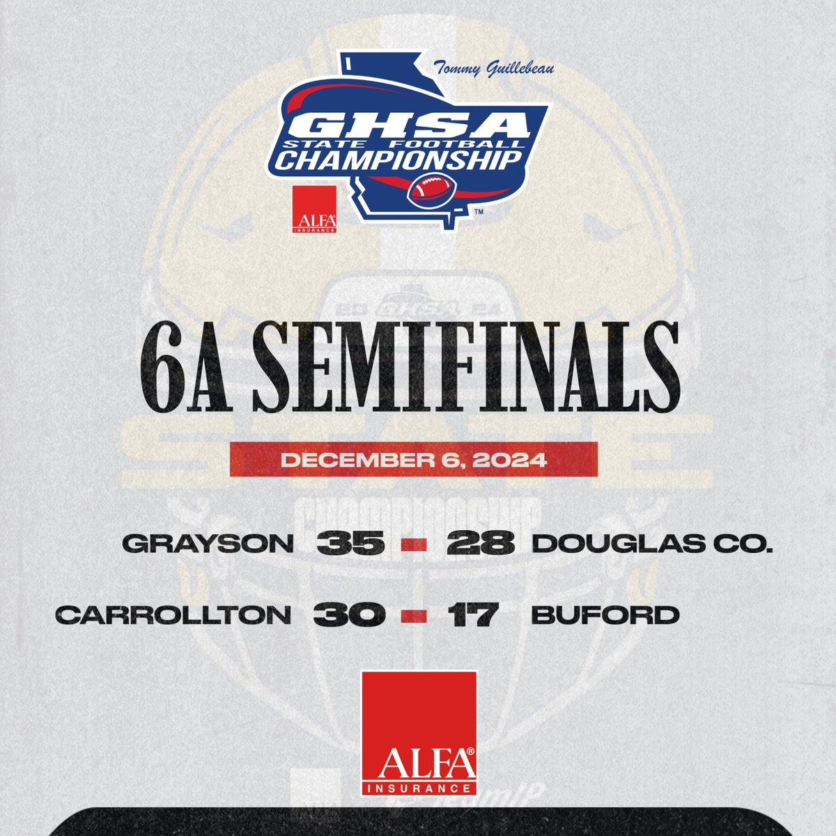 Football | 6A
Semifinal Results

<a href="/Alfa_Insurance/">Alfa Insurance</a> <a href="/WilsonFootball/">Wilson Football</a>
<a href="/GoFanHS/">GoFan</a> <a href="/GPBsports/">GPB Sports</a>