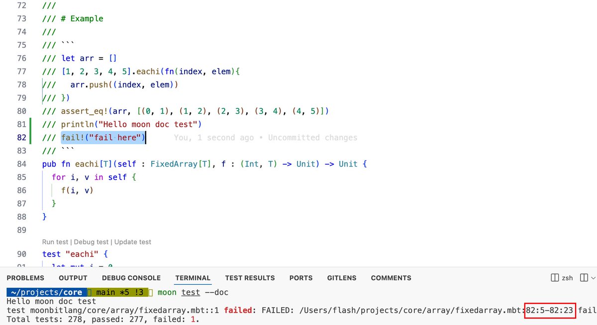 temp6521's tweet photo. @moonbitlang now can run test in doc, with accurate source map https://t.co/JbgiA1PmY2