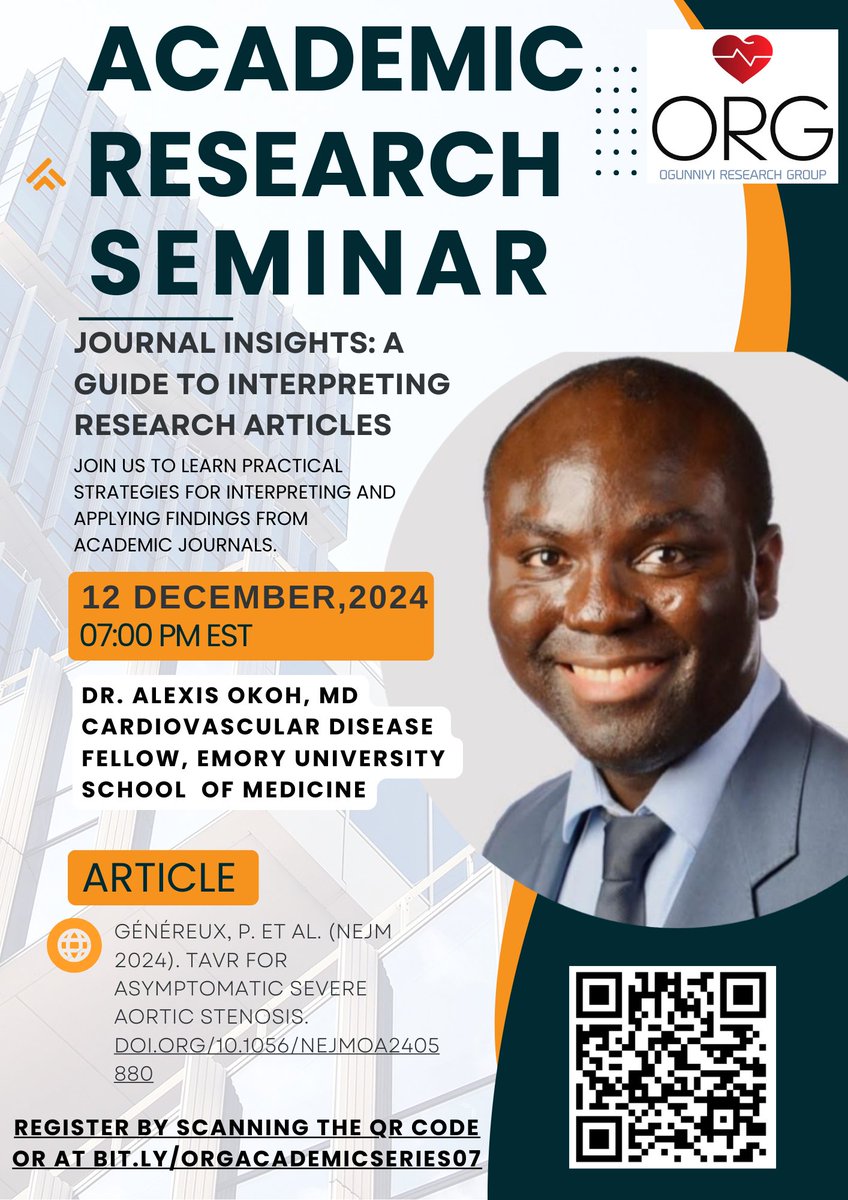 ORG (@orgcardiology) on Twitter photo Join us for the 7th #ORG Academic Medicine Research Series "Journal Insights: A Guide to Interpreting Research Articles" on December 12 at 7 PM EST.
Register here: bit.ly/ORGAcademicSer…
Journal Club➡️ Nejm.org/doi/10.1056/NE…
#MedEd #MedStudentTwitter #CardioTwitter #CardioEd Join us for the 7th #ORG Academic Medicine Research Series "Journal Insights: A Guide to Interpreting Research Articles" on December 12 at 7 PM EST.
Register here: bit.ly/ORGAcademicSer…
Journal Club➡️ Nejm.org/doi/10.1056/NE…
#MedEd #MedStudentTwitter #CardioTwitter #CardioEd