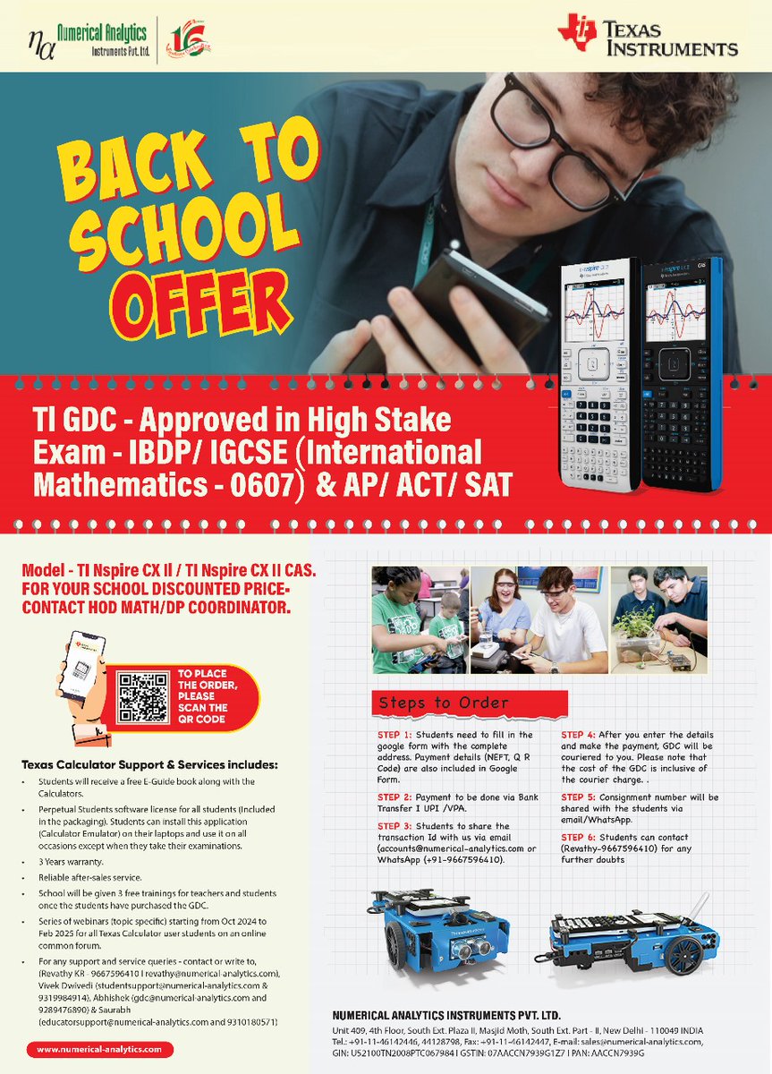 NumericalA's tweet image. 🎒🚀 Unlock Your Learning Potential! 
Get the TI-Nspire CX II / CX II CAS calculators, approved for IBDP, IGCSE, AP, ACT &amp;amp; SAT exams!  

✅ Free training &amp;amp; E-Guide
✅ Perpetual software license
✅ 3-year warranty  Order now via QR or HOD! 
📞 +91-9657696410
#StudentEssentials