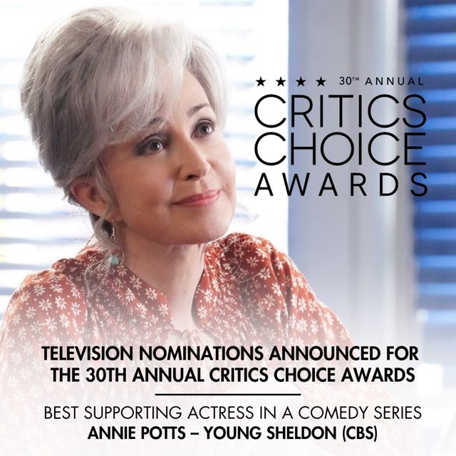 Annie Potts (@anniepotts) on Twitter photo Thank You to the <a href="/CriticsChoice/">Critics Choice Awards</a> Awards for this nomination!! It's an honor to be included in such an excellent list of talented humans. So grateful! Thank You to the <a href="/CriticsChoice/">Critics Choice Awards</a> Awards for this nomination!! It's an honor to be included in such an excellent list of talented humans. So grateful!