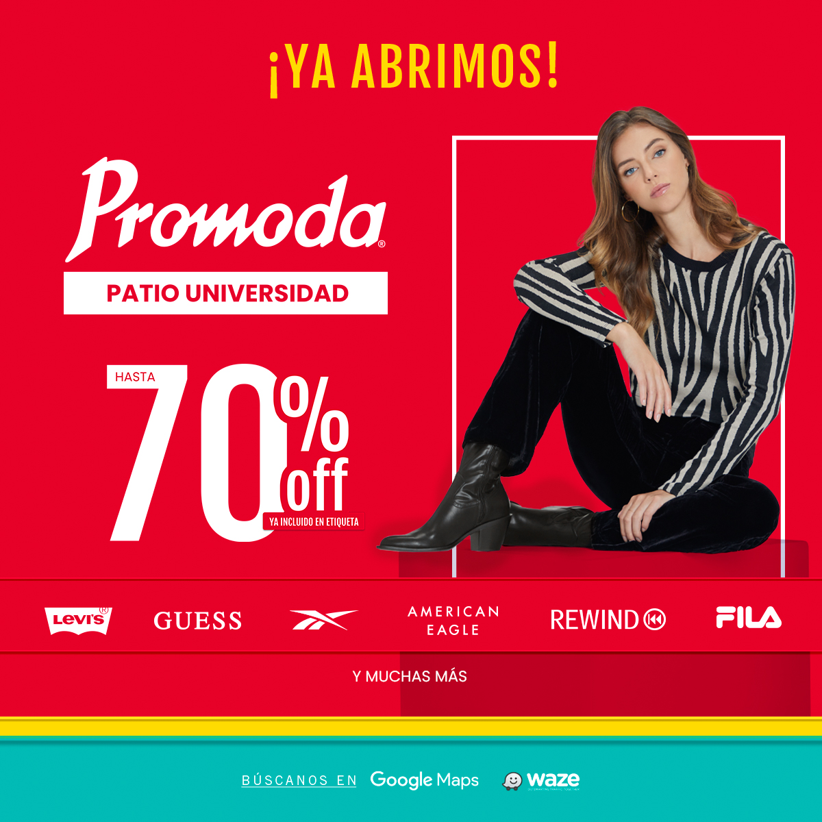 PromodaOutlet's tweet photo. ¡Ya abrió mi nueva tienda #PatioUniversidad!  Aprovecha que tengo para ti hasta un 70% de descuento incluido en la etiqueta y hasta 12 MSI con tarjetas seleccionadas.   
Ven por tus marcas favoritas a los mejores precios outlet y conoce mi nueva experiencia de compra. 😉 https://t.co/3kKacz3DbL