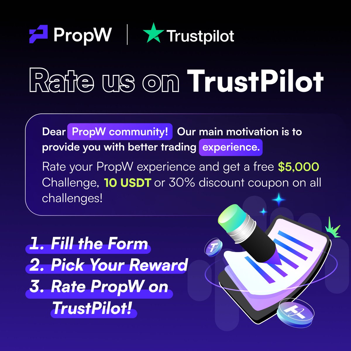 PropWGlobal's tweet photo. 🚀 Rate Us & Pick Your Gift!
 
Hey #PropW Community! Your feedback drives us to deliver the best trading experience. 🌟
 
🎁 Rate #PropW on TrustPilot and choose your reward:
✅ FREE $5,000 PropW Challenge Ticket
✅ 10 USDT 💵
✅ 30% Discount Coupon 🎟️
 
1️⃣ Fill the Form > https://t.co/vQWE7bUmCc
2️⃣ Pick Your Reward
3️⃣ Rate Us on TrustPilot! > https://t.co/dKlxofe9GM
 
👉 Don’t miss out! 💥
