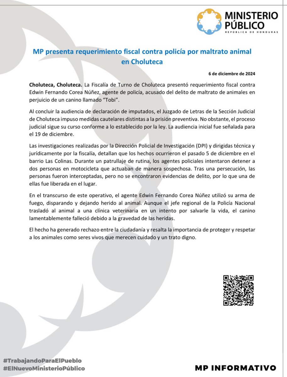 MP_Honduras's tweet photo. MP presenta requerimiento fiscal contra policía por maltrato animal en Choluteca https://t.co/RhzcECk5cq