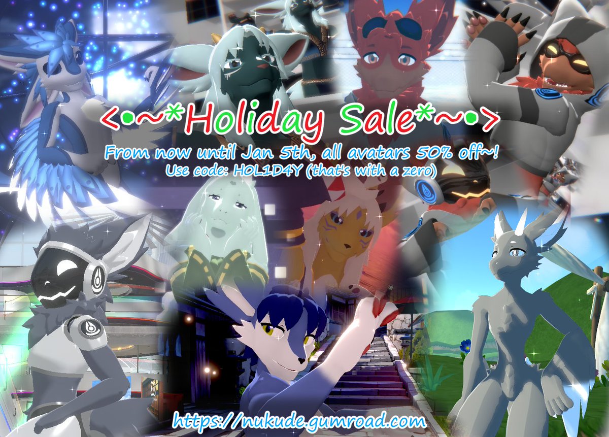 Nukude's tweet photo. been a while since i've posted anything but here's a holiday sale~!

from now until Jan 5th, all avatars 50% off with code H0L1D4Y (that's with a zero), g*mroad only, link in my profile~ Happy Holidays and Happy New Year~

hope to have something new to add eventually!

#vrchat https://t.co/K9p6zQBZSN