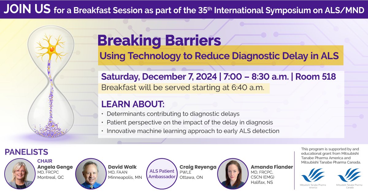 mndresearch's tweet photo. Join us bright and early tomorrow morning at #alsmndsymp for Mitsubishi Tanabe Pharma America and Mitsubishi Tanabe Pharma Canada’s (@MTPA_US and @MTP_CA) breakfast session!

The session will discuss how new technology might help to diagnose MND earlier and share perspectives of people with #MND on the impact of diagnostic delays.

📅 Saturday 7th December
🕑 7:00 – 8:30
📍518