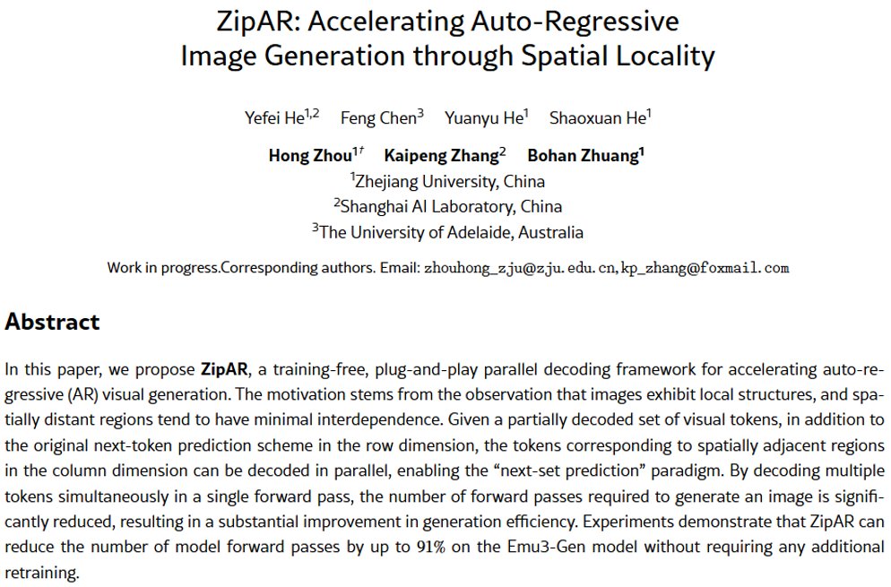 yefei_he's tweet image. 🚀 Introducing ZipAR: a training-free parallel decoding framework that reduces image generation costs by up to 91% while maintaining rich image details! 💥
📄 Paper: arxiv.org/abs/2412.04062
💻 Code: github.com/ThisisBillhe/Z…
#AR #ImageGeneration #deeplearning #ZipAR