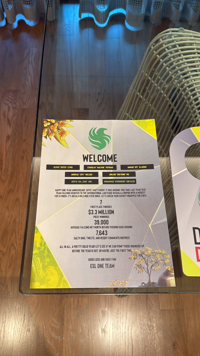 SneykingGaming's tweet photo. Welcome letter from @ESLDota2 ! I love the little customization for the room cards and door sign! https://t.co/ZZTex5zhYt