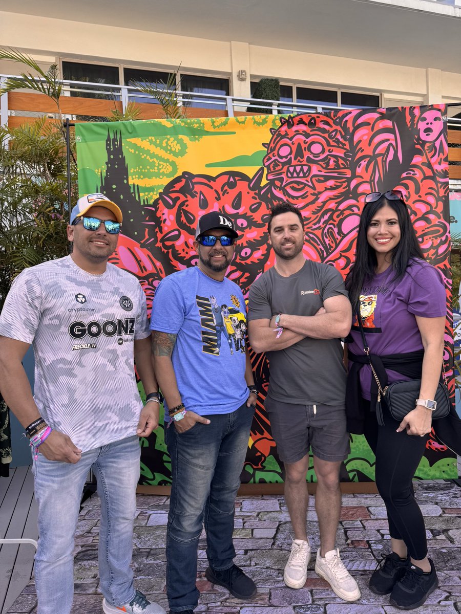 Web_3E's tweet photo. Another great day at ArtBasel with amazing people! @Goonz_World  @TheApeMother @pyra_m1 @edwardA2Z @TonyaKrypto  now resting so we can be ready for the next Event with @DeGodsNFT &amp; @MagicEden https://t.co/6Nmst8tpYP