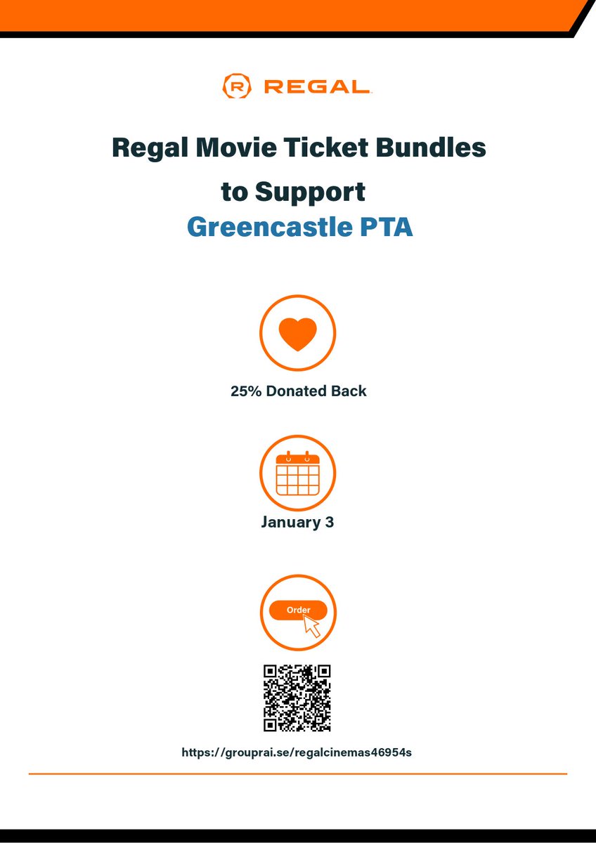 GreencastlePTA's tweet photo. 🎬 Lights, Camera, Action 🎬 Greencastle PTA has just launched a Regal Fundraising Campaign where 25% of your purchase goes directly to our cause! Use our fundraiser page to join in &amp; enjoy the magic of movies at Regal: https://t.co/BUr6Fg9bgk @GreencastleES https://t.co/oALUrW0A3K