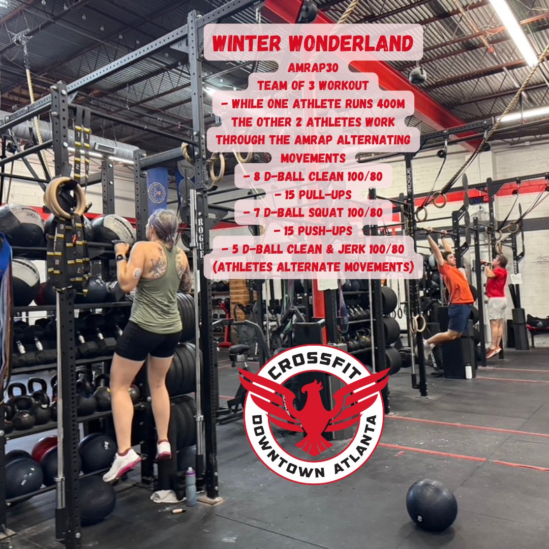 cfdowntownatl's tweet photo. 241207 "Winter Wonderland" #partnerwod #dballclean #dballsquat #dballcleanandjerk #pullup #pushup #cfda #liftheavy #runfast #havefun #bewell #cabbagetown #crossfitwod #committedtocrossfit #crossfit #WOD #CFWOD #workout https://t.co/UDY4pX1nH5