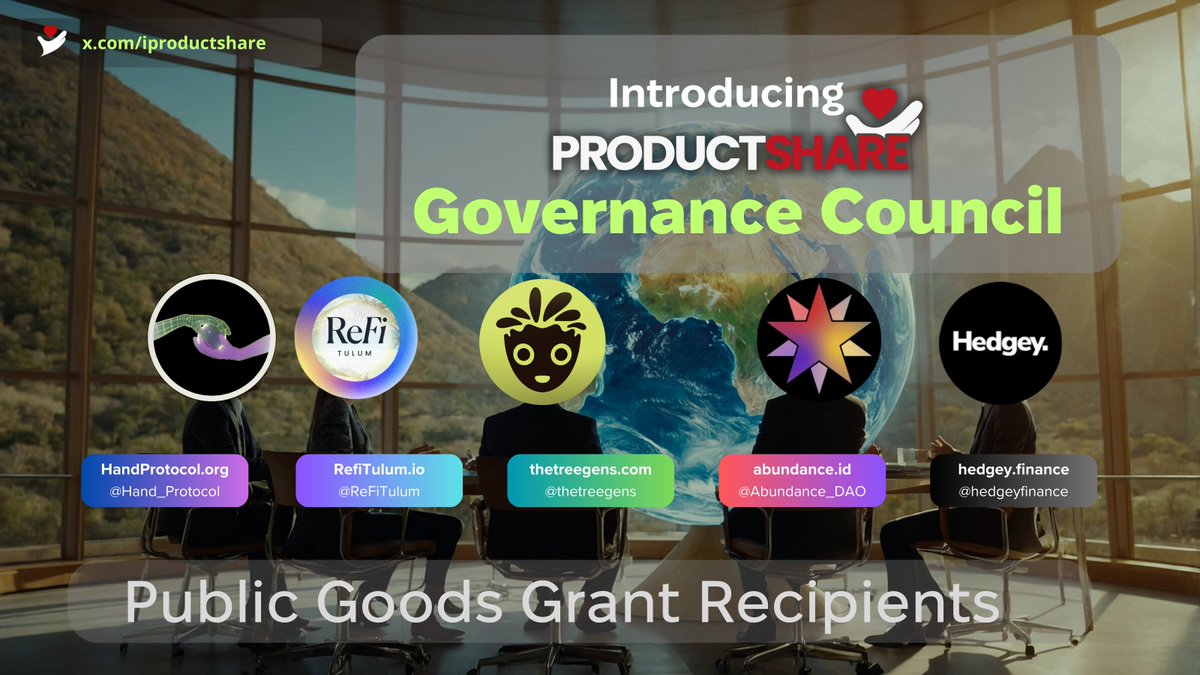 iPRODUCTSHARE's tweet image. ✨ We’re delighted to announce the launch of the ProductShare DAO Council! ✨

A warm welcome to our inaugural members: 
🌱 @Abundance_DAO 
🌳 @thetreegens, represented by @JimiCohen 
🌿 @ReFiTulum, represented by @sandramp 
🚀 @hedgeyfinance, represented by @AlexMichelsen1 🤝…