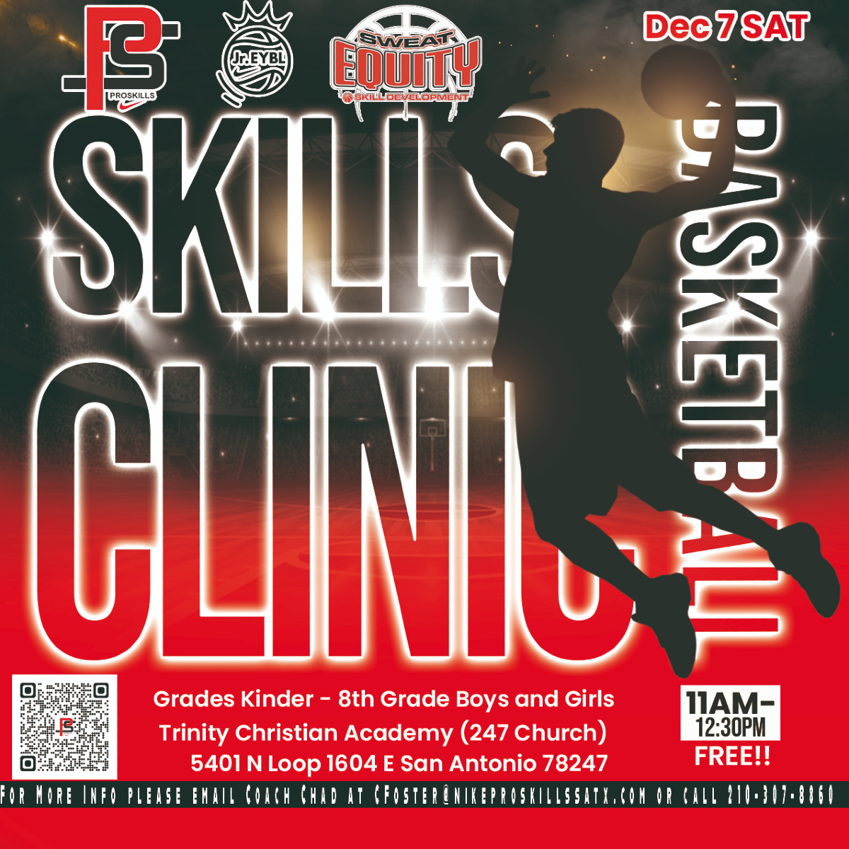 🚨🚨 Last Call !!!🚨🚨

🏀 FREE Basketball Skills Clinic with Nike ProSkills San Antonio &amp; Sweat Equity 🏀

Join us for a FREE basketball clinic designed for Kinder-8th Grade boys and girls! Don’t miss this incredible opportunity to develop your skills with expert coaching in a