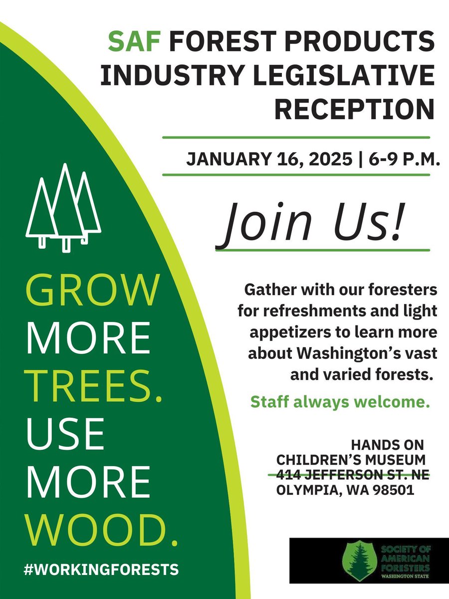 wafarmforestry's tweet photo. Join the Society of American Foresters at their Forest Products Industry Legislative Reception. This is a chance for small forest landowners to meet local legislators and share stories about our love of the land. https://t.co/v28yXWuFHX