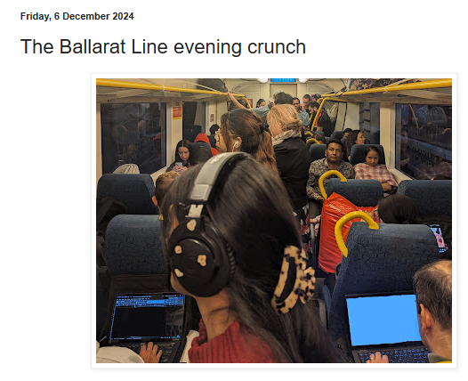 MelbOnTransit's tweet image. There remains a mentality that no one travels by train after 7pm. The result is a big 'cliff' in service levels after about this time on most lines. Here's a write-up on the Ballarat line and the evening crowding encountered. the-iron-road.blogspot.com/2024/12/the-ba… #springst