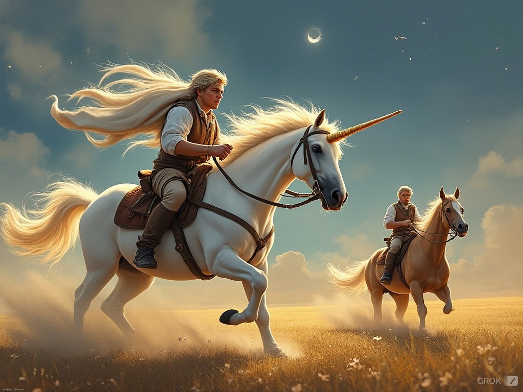 maxpower9900's tweet photo. I see that they finally opened Grok AI up for free use. To challenge it, I figured that I would ask it to do one of my tougher requests: A unicorn skeet shooting with his horsey buddies. It doesn't seem to understand what skeet shooting is, and gave me this. Disappointing. https://t.co/lJkO9lPjv7
