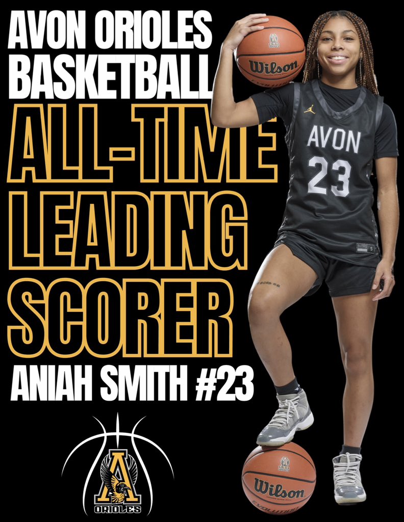 Avon Orioles Girls Basketball (@ahsoriolesgbb) on Twitter photo 👑 Second to None. 👑
With 32 points in a win over Evansville Central at the Evansville North Showcase, <a href="/AniahSmith23/">Aniah Smith</a> becomes the all-time leading scorer in Avon High School history with 1347 points.
Smith passes Heather Farrell’s 1989 record of 1322 points. 👑 Second to None. 👑
With 32 points in a win over Evansville Central at the Evansville North Showcase, <a href="/AniahSmith23/">Aniah Smith</a> becomes the all-time leading scorer in Avon High School history with 1347 points.
Smith passes Heather Farrell’s 1989 record of 1322 points.
