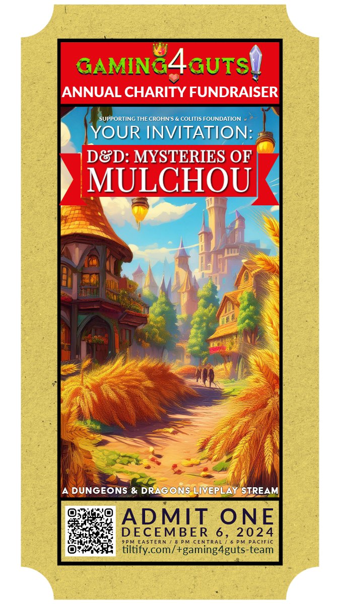 gaming4guts's tweet photo. 🎲✨ Embark on a fantasy adventure with #Gaming4Guts! Tonight at 8 PM Central (6 PM Pacific), our D&amp;D party dives into the Mysteries of Mulchou to kick off our annual fundraiser for @CrohnsColitisFn. Don’t miss the magic—join us live! 💙🎮 #CharityStream
https://t.co/nWLONnr7Lc https://t.co/IXlS5iiKg6