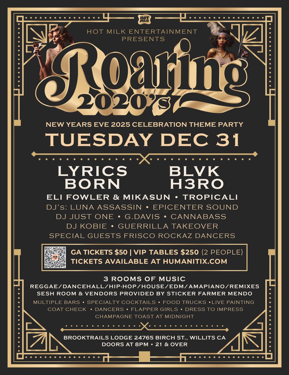 ICYMI – I will be performing New Years Eve 2024 bringing IN 2025 in Wilits, CA. at the Roaring 2020s New Years Eve party. Featuring @blvkh3ro and a gang of other incredible DJ’s.

Come wit us, dressed to impress! 🤘
Tickets: events.humanitix.com/roaring-2020-s…