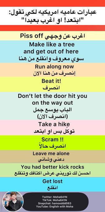 MOHA641N's tweet photo. كيف تقول بالانجليزي ابتعد او انقلع
غير كلمة Get out المستهلكه في المحادثات ، كتبت لكم طرق مختلفة في الصورة 
ولو تعرفون غير اللي ذكرت اكتبوا لي ⬇️ 

انشروا المعلومه لو استفدتو منها
لكي يستمر الحساب ف نشر المزيد 🔁🤍 https://t.co/Z9n4bClNjT