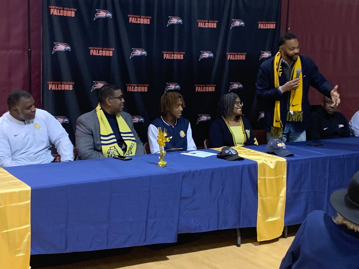 BlueDeathValley's tweet photo. Southeast Guilford wide receiver Eric Gladney held a  Signing Day ceremony tonight in East Greensboro, with Alan Hooker and a number of famous Aggies in attendance. https://t.co/Bhil0rgmrE