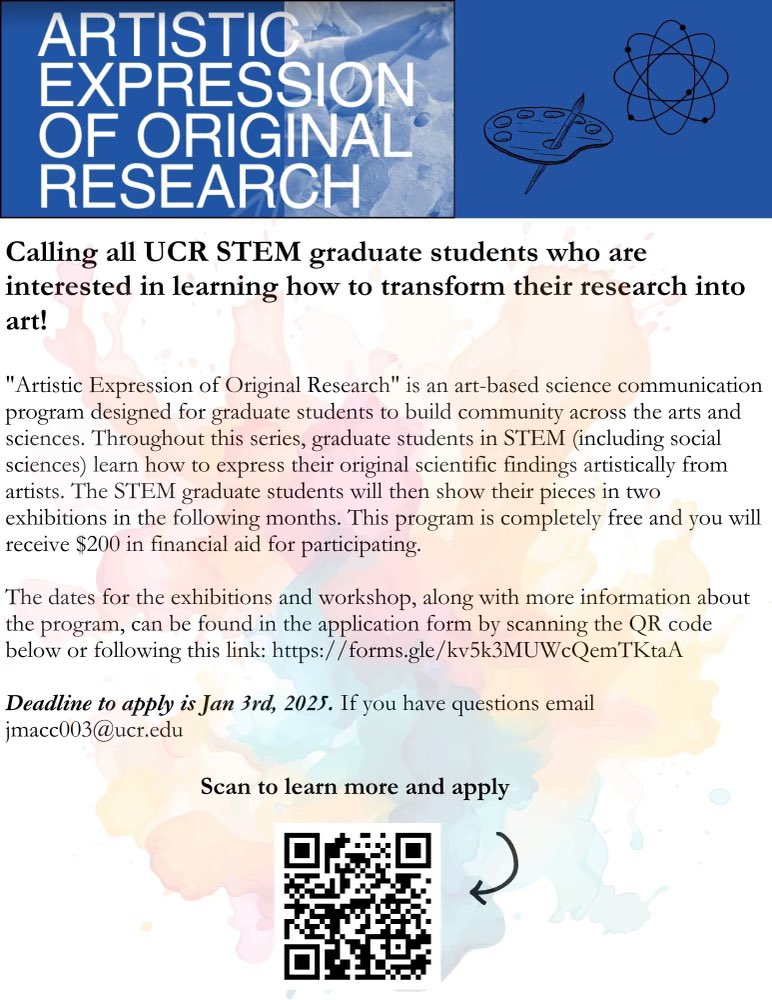 We’re recruiting the next STEM (including social sciences) grad student cohort for our annual Artistic Expression of Original Research Program! Please only apply if you have never participated. Application link: forms.gle/p8gXA6LWJsLBAi…)!! Applications due by January 3rd, 2025