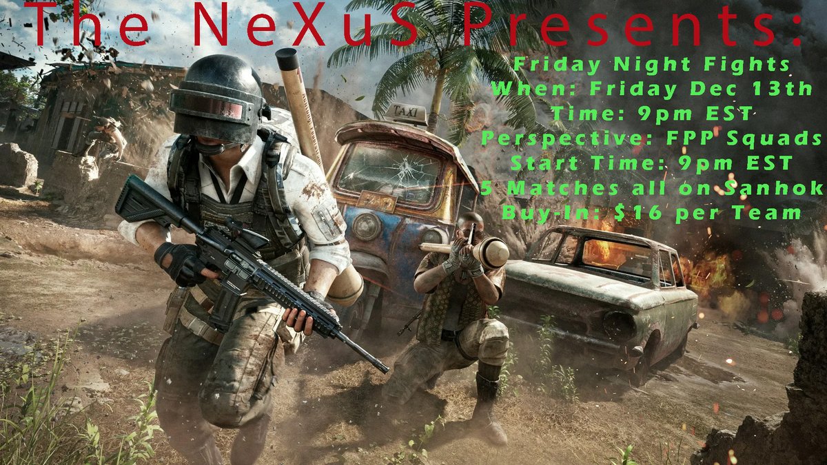 Next Week Friday the 13th we will be hosting a Sanhok only event on the new Sanhok map. Join our discord to sign up. Currently this event is designed for N.A. only teams but that may change based on sign-ups. 

Discord link:  discord.gg/tp6gz8enyS
