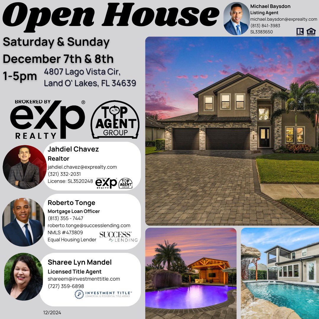 🏡 Join Us for an Open House! 🏡

We’re excited to invite you to our upcoming Open House, featuring an incredible eXp Realty listing by the Top Agent Group!

🎉 Proudly sponsored by Success Lending and Investment Title
#eXpRealty #TopAgentGroup #SuccessLending #InvestmentTitle