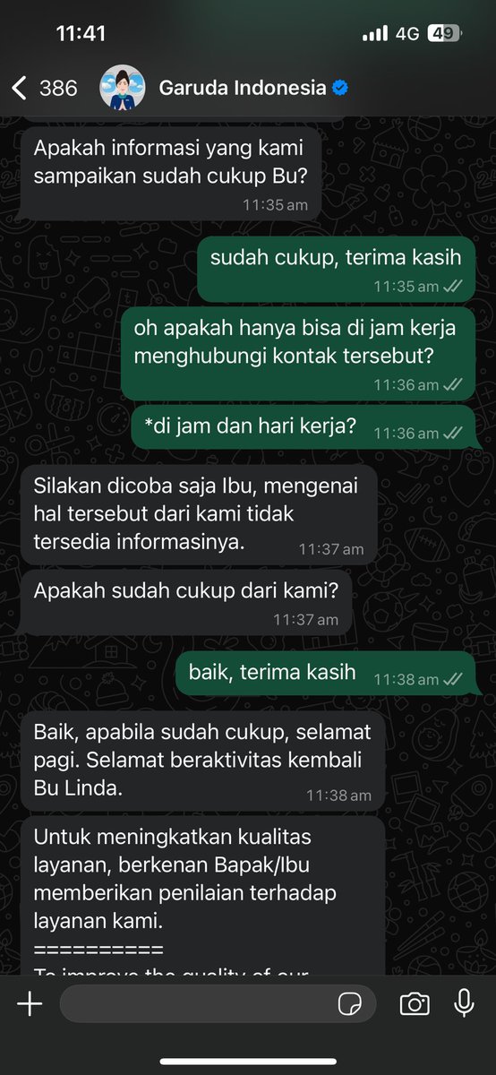 alindasusilo's tweet photo. Pertama kalinya kontak layanan chat WhatsApp @IndonesiaGaruda yang ada di website Garuda untuk “special student fares” karena mau back for good ke Indonesia dan butuh 40 kilo bagasi. Here’s what I got: https://t.co/3hKLaBBkB1