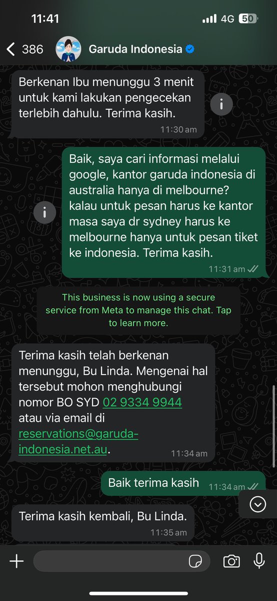 alindasusilo's tweet photo. Pertama kalinya kontak layanan chat WhatsApp @IndonesiaGaruda yang ada di website Garuda untuk “special student fares” karena mau back for good ke Indonesia dan butuh 40 kilo bagasi. Here’s what I got: https://t.co/3hKLaBBkB1