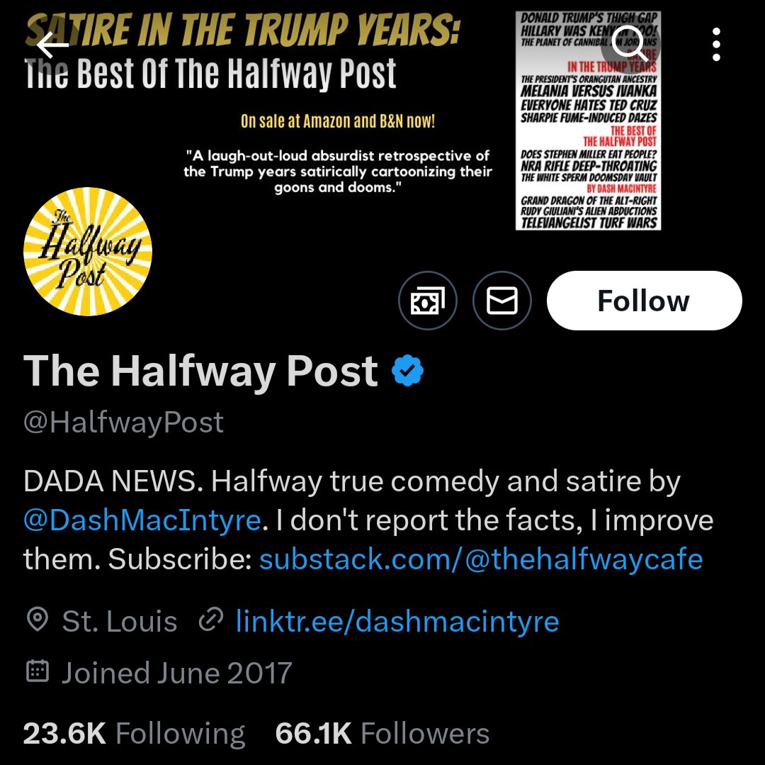 realSPQR's tweet photo. @LeslieMarshall @HalfwayPost It's comedic satire.  Like the Babylon Bee, but without the overt racism. https://t.co/yMnLzlacxJ