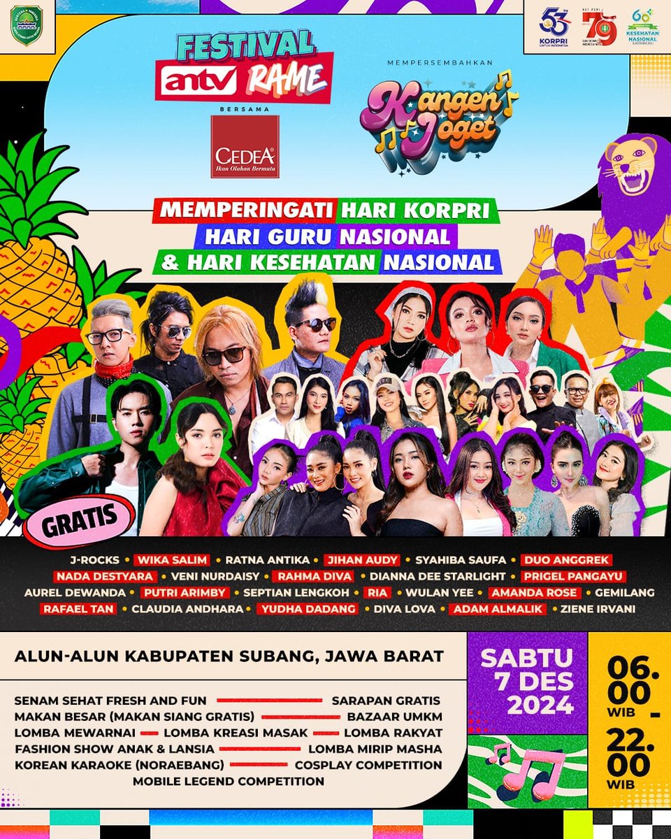 ANTVOfficial_'s tweet image. ✨PUNCAK KEMERIAHAN FESTIVAL ANTV RAME 2024 SPESIAL MEMPERINGATI HARI KORPRI, HARI GURU NASIONAL DAN HARI KESEHATAN NASIONAL✨

Wargi Subang mana suaranyaaa?!
Puncak Kemeriahan Festival ANTV Rame 2024 hadir di Subang😍

Udah siap seru-seruan bareng sederet penampilan dari musisi…